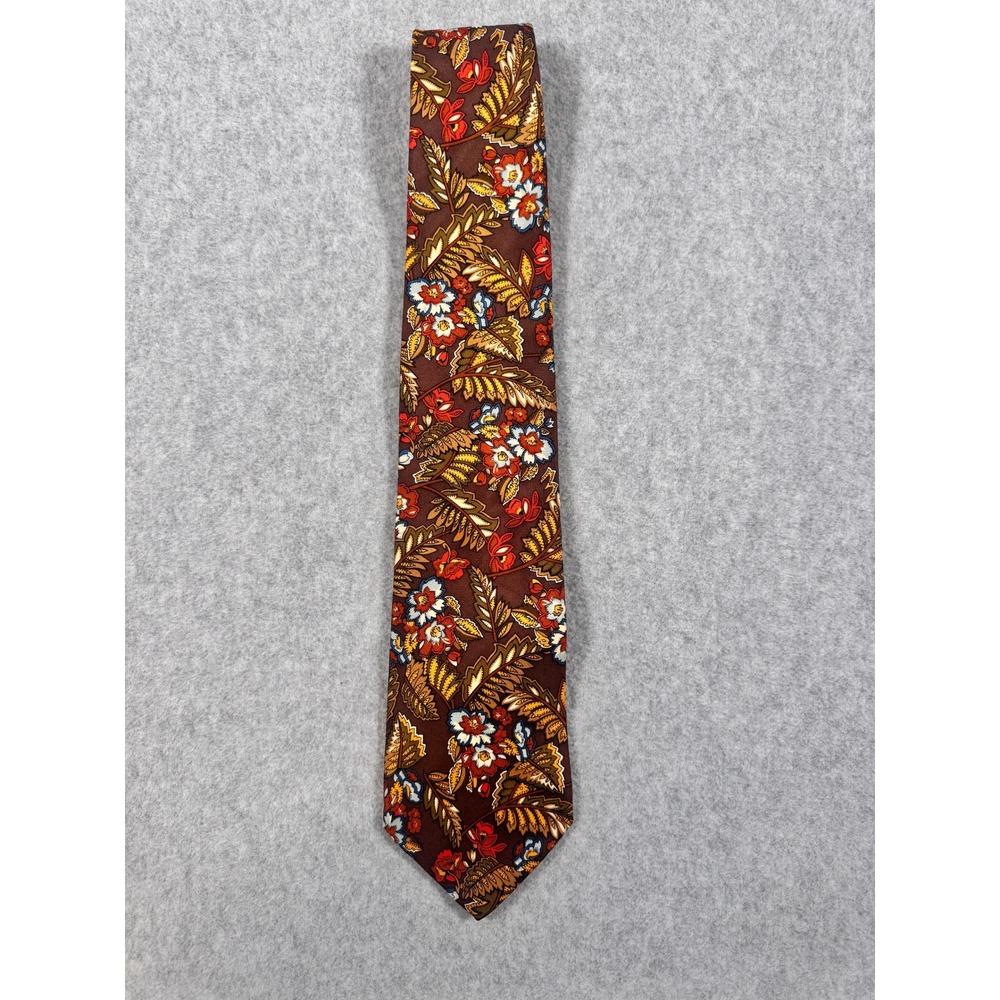 Brooks Brothers Makers Mens Silk Tie Brown Floral Leaf Pattern Made in USA